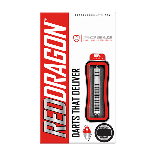 RD2554_Red_Dragon_Gian_Van_Veen_Steeldarts_3 Die Verpackung zeigt die Red Dragon Gian Van Veen Steeldarts mit einem Gewicht von 21 Gramm. Die Darts bestehen zu 90 % aus Wolfram und sind mit einer Steeltip-Spitze ausgestattet.