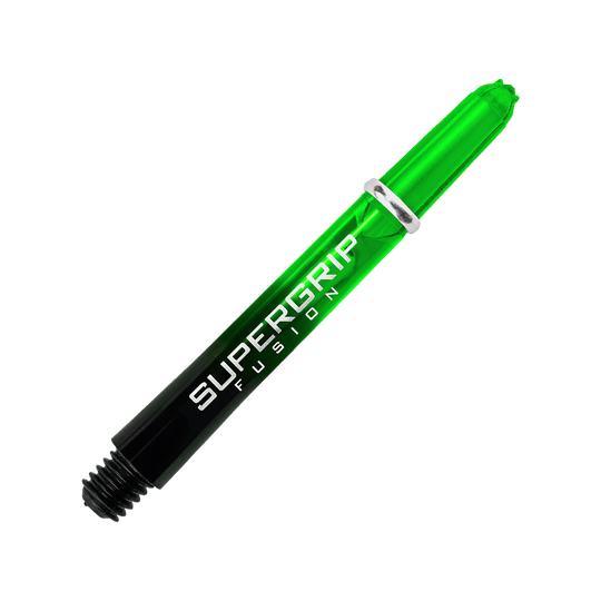 Das Bild zeigt einen grünen Harrows Supergrip Fusion Dart-Schaft. Im Hintergrund verlaufen grüne und graue Linien.