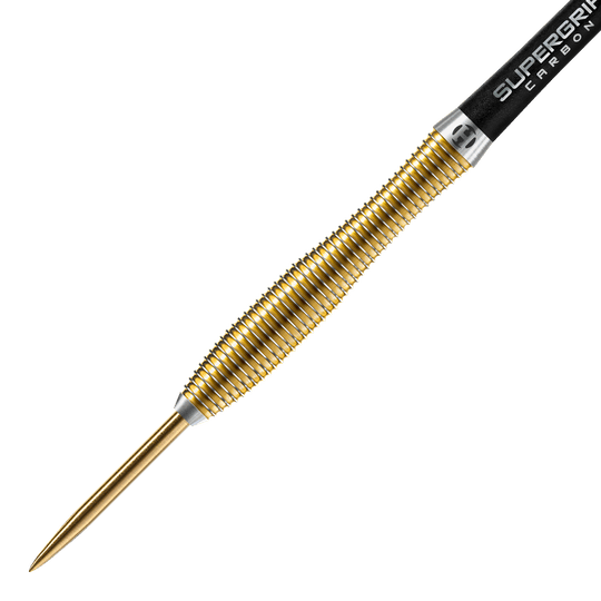 Harrows Anniversary Edition V-Wing Steel Darts Dies ist ein goldfarbener Steeldart mit gerilltem Griff. Am hinteren Ende steht "SUPERGRIP CARBON" auf dem Schaft.