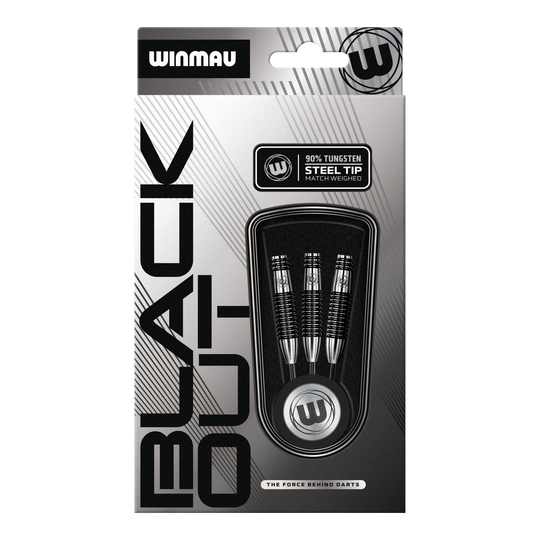 Gezeigt werden die Winmau Blackout Variante 2 Steeldarts. Diese aus Tungsten bestehenden Steeldarts sind für ambitionierte Dartspieler geeignet.