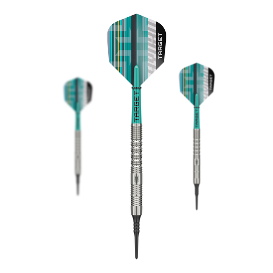 Target Hydro 12 Softdarts sind hochwertige Softdarts für das Dartspiel. Das Bild zeigt das Design und die Verpackung dieses Produkts.