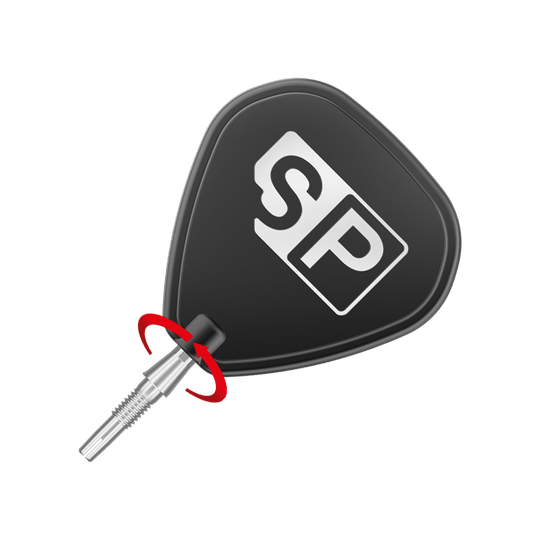 Das Bild zeigt eine silberne Dartspitze des Produkts "Target Swiss Storm Onyx Point". Die Dartspitze ist an einem schwarzen Dartflügel mit der Aufschrift "SP" befestigt.