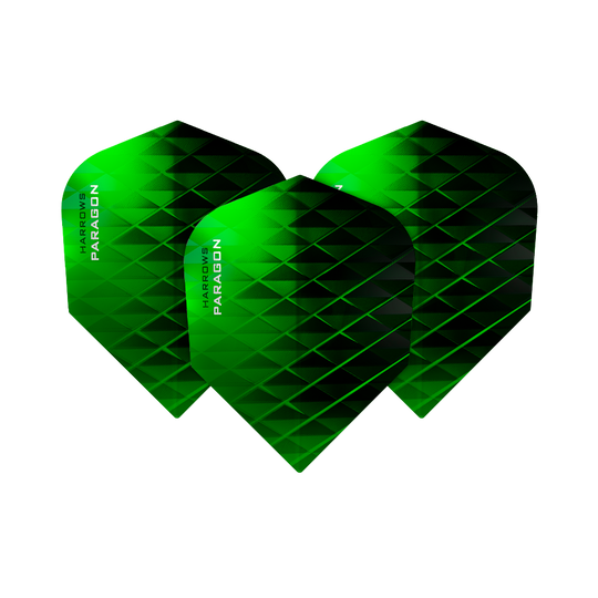 Auf dem Bild sind drei grüne Dart-Flights mit dem Namen „Harrows Paragon“ zu sehen. Die Flights haben ein modernes, geometrisches Muster und die Standardform No2.