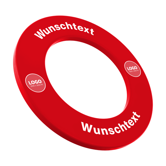 Das Bild zeigt eine Dartboard-Surround mit individuellem Wunschdruck in Rot. Es handelt sich um "MC-2012_Dartboard_Surround_mit_Wunschdruck_Rot_TextLogo_3".