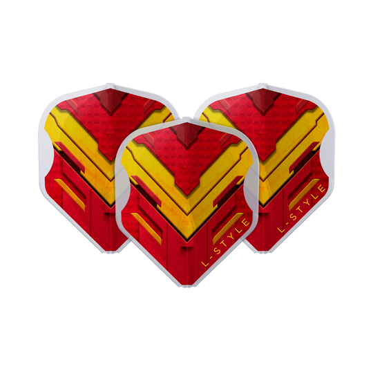 Das Bild zeigt drei Dart-Flights der Marke L-Style in den Farben Rot, Gelb und Weiß. Auf den Flights ist ein auffälliges, geometrisches Muster mit dem Schriftzug "L-STYLE" zu sehen.
