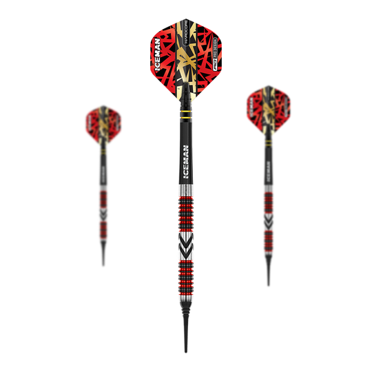 Red Dragon Gerwyn Price Firebird Soft Darts - 20g Das Bild zeigt drei Softdarts des Modells "Red Dragon Gerwyn Price Firebird - 20g". Die Darts haben rote Flights mit schwarzem und goldfarbenem Muster sowie silberne und rote Ringe am Barrel.