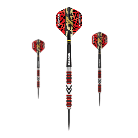 Red Dragon Gerwyn Price Firebird steel darts Das Bild zeigt drei Steeldarts mit auffälligen roten und schwarzen Flights. Die Schäfte sind silbern mit roten und schwarzen Rillen sowie der Aufschrift "ICEMAN".
