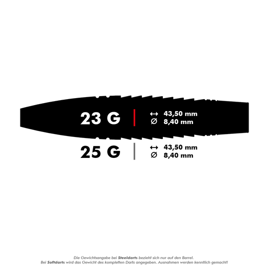 190222_Target_Scott_Williams_GEN1_Swiss_Point_Steeldarts_5_23g Das Bild zeigt die Produktinformationen für die Target Scott Williams GEN1 Swiss Point Steeldarts. Die Darts sind in 23 g und 25 g erhältlich und haben eine Länge von 43,50 mm sowie einen Durchmesser von 8,40 mm.