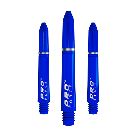 Das Bild zeigt drei blaue Winmau Pro-Force Shafts für Dartpfeile. Auf jedem Shaft steht in weißer Schrift "PRO FORCE".