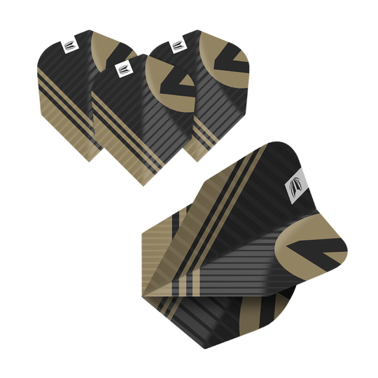 Das Bild zeigt fünf Sätze Target Pro Ultra Chicane No6 Flights. Die Flights sind schwarz und gold mit einem modernen, gestreiften Design.