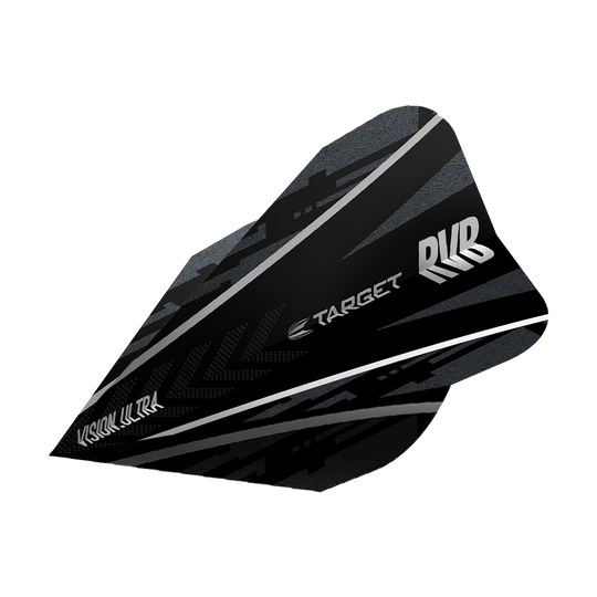 Das Bild zeigt ein Target Ultra Ghost RvB Vapor Flight für Darts. Das Flight ist schwarz mit silbernen und grauen Akzenten sowie dem Target- und RvB-Logo.