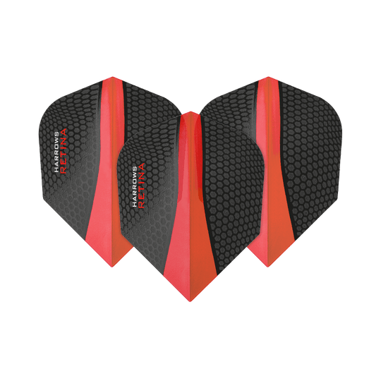 Das Bild zeigt drei Harrows Retina Rot No6 Flights für Darts. Sie sind schwarz mit einem roten Streifen und haben ein Wabenmuster.