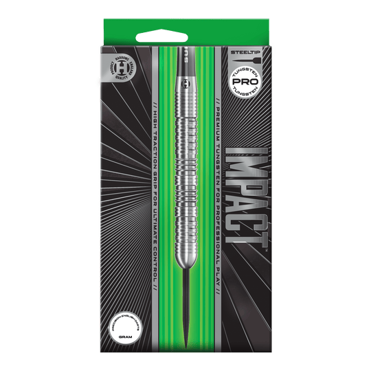 Abgebildet sind Harrows Impact Steeldarts aus einer anderen Perspektive. Die Darts wirken robust und professionell.