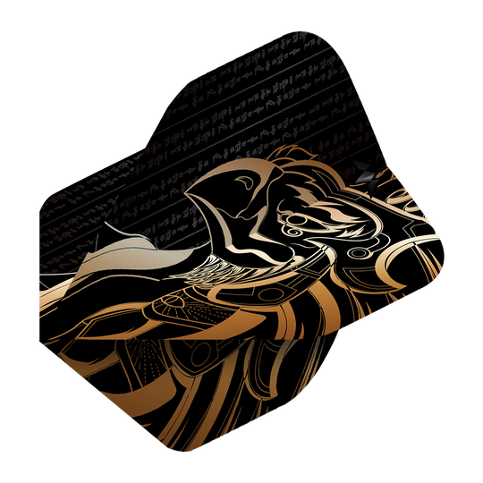 Das Bild zeigt das Produkt "Mission Solo Horus No2 Standard Flights". Das Design ist schwarz-gold mit einem stilisierten Horus-Motiv und ägyptischen Schriftzeichen.