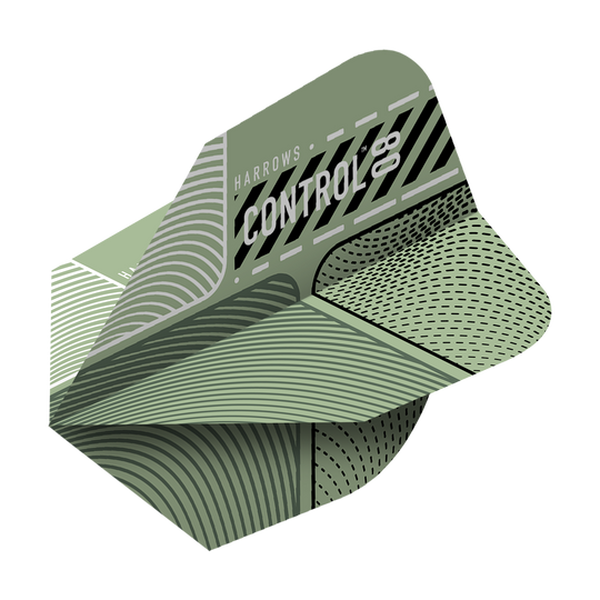 Harrows Prime Control No6 Flights Das Bild zeigt das Produkt "Harrows Prime Control No6 Flights". Die Flights haben ein modernes, grafisches Design in verschiedenen Grüntönen.