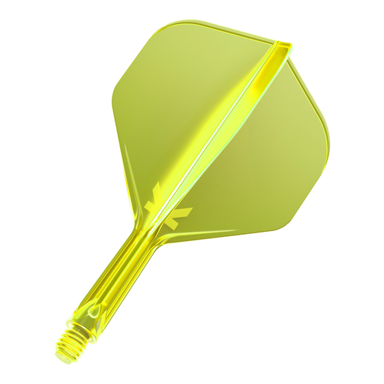 Target K-Flex No2 Standard Flight System - Neon Yellow Das Bild zeigt eine neon-gelbe Dart-Flügel-Kombination mit einem integrierten Schaft. Die Oberfläche ist glänzend und das Material wirkt durchsichtig.
