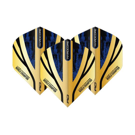 Red Dragon Hardcore Premium Luke Humphries Gold Standard Flights Das Bild zeigt drei Dart-Flights mit einem gold-schwarzen und blauen Design. Auf den Flights steht "Luke Humphries World Champion" sowie "Hardcore".