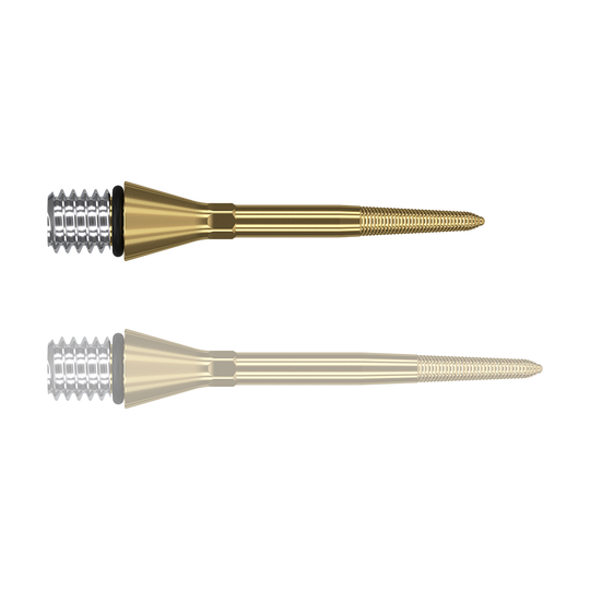 Das Bild zeigt zwei goldene Swiss Point Nano Conversion Points von Target. Sie haben eine schlanke, spitze Form und ein silbernes Schraubgewinde am Ende.