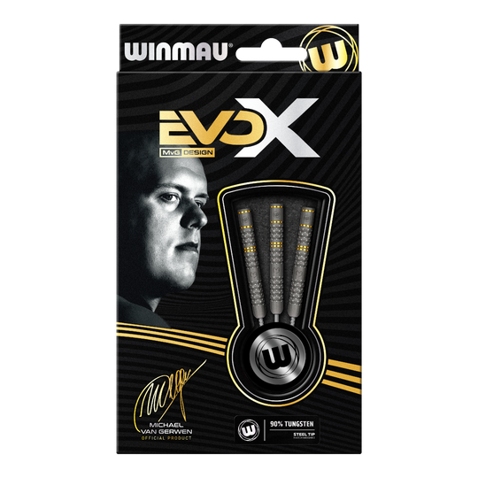 Winmau Michael Van Gerwen Evo-X steel darts Die Verpackung zeigt die "Winmau Michael Van Gerwen Evo-X Steeldarts" mit stilvollem Design und prominenter Abbildung von Michael Van Gerwen. In der Packung sind drei Steeldarts mit 90% Tungsten-Anteil sichtbar.