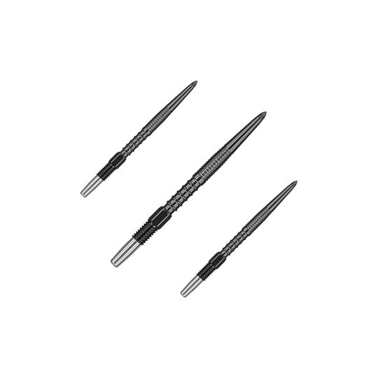 Target Swiss Firepoint Black dart tips Das Bild zeigt drei schwarze Dartspitzen, die nebeneinander angeordnet sind. Sie sind schmal und haben ein geripptes Design für besseren Halt.