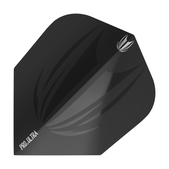 TG407_Target_ProUltra_ID_Black_No6_Flights_1 Das Bild zeigt das Produkt "Target ProUltra ID Black No6 Flights". Es handelt sich um ein schwarzes Dartflight mit dezentem Muster und dem Schriftzug "PRO.ULTRA" in der Ecke.