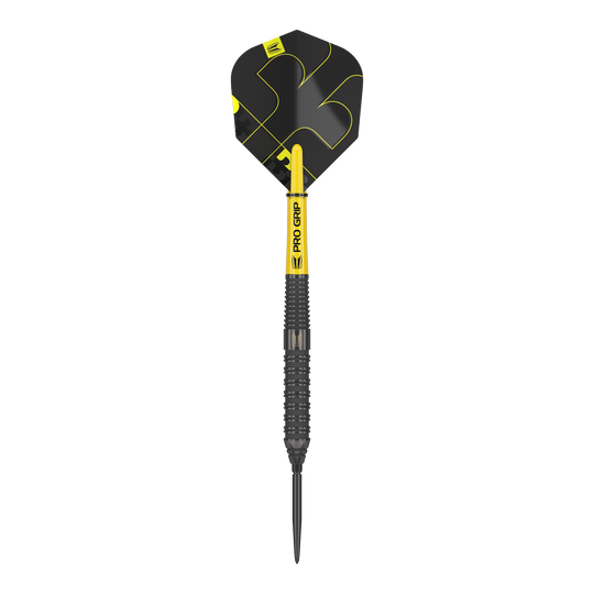 Das Bild zeigt einen Target Bolide Void 02 Swiss Point Steeldart. Der Dartpfeil ist schwarz mit gelben Akzenten und hat eine strukturierte Griffoberfläche.