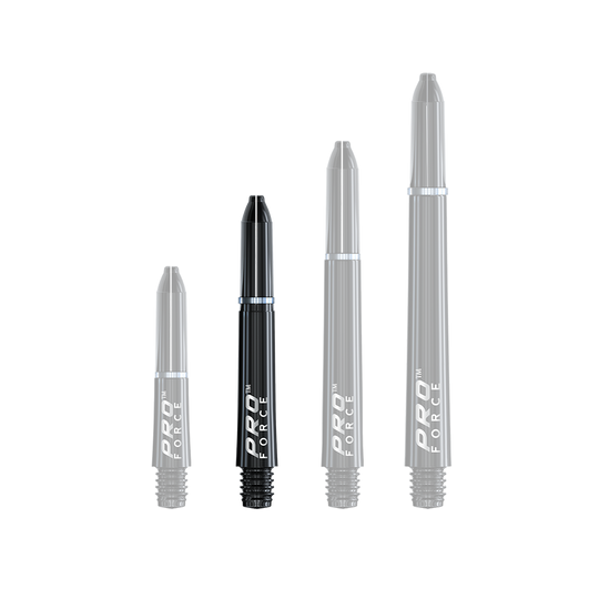 7011_101_Winmau_Pro-Force_Shafts_Schwarz_35mm_1 Auf dem Bild sind vier schwarze Winmau Pro-Force Shafts in unterschiedlichen Längen zu sehen. Sie sind zur Verwendung für Dartpfeile gedacht und haben ein modernes, glänzendes Design.