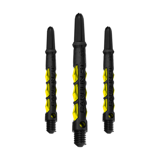 Das Bild zeigt drei schwarze Dartschäfte mit gelben Akzenten der Marke "Harrows Carbon ST Shafts - Gelb". Auf den Schäften steht der Schriftzug "CARBON ST".