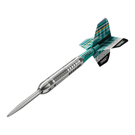 Target Hydro 03 Swiss Point steel darts Die Target Hydro 03 Swiss Point Steeldarts sind auf dem Bild zu sehen. Die Nahaufnahme hebt die Details der Darts hervor.