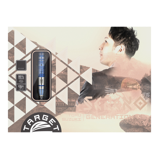 Die Verpackung zeigt die Steeldarts "Target Japan Toru Suzuki Sereno GEN1 Swiss Point" mit einem Gewicht von 21g. Auf der rechten Seite ist eine Porträtaufnahme eines Mannes abgebildet.