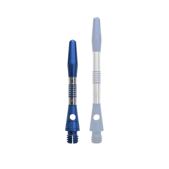 Ein einzelner blauer Aluminium Dart Schaft, 34mm lang, ist im Bild. Dieser Schaft eignet sich für Dart-Liebhaber und Bastler.