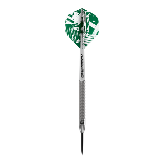 GOAT Fairway V2 Tungsten Steel Darts Das Bild zeigt einen GOAT Fairway V2 Tungsten Steeldart. Der Dart hat eine silberne Spitze und Schaft sowie grüne Flights mit weißem Muster.