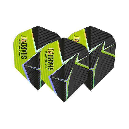 Das Bild zeigt drei Harrows Prime Shard No6 Flights für Darts. Die Flights haben ein schwarz-gelbes Design mit futuristischen Linien und dem Aufdruck "SHARD 90".