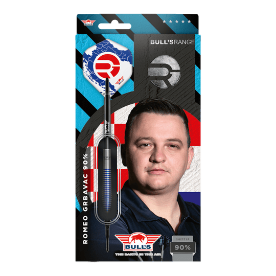 Bulls NL Romeo Grbavac soft darts - 19g Die Verpackung zeigt die Softdarts "Bulls NL Romeo Grbavac" mit einem Gewicht von 19g. Auf der Vorderseite ist auch das Bild eines Mannes und das Logo von Bulls abgebildet.