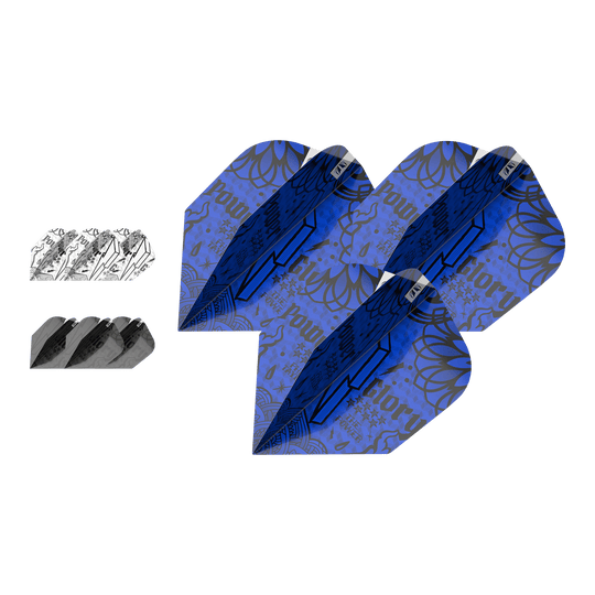 Das Bild zeigt drei Sets von Target Ink Bundle Power No6 Flights in verschiedenen Farben und Designs. Die Flights sind in Blau, Schwarz und Weiß mit auffälligen grafischen Mustern gestaltet.