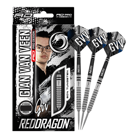 Das Bild zeigt die Verpackung und drei Steeldarts des Produkts „Red Dragon Gian Van Veen Tour Edition“ mit 22 Gramm Gewicht. Auf der Verpackung ist ein Porträt von Gian Van Veen sowie der Schriftzug „REDDRAGON“ zu sehen.