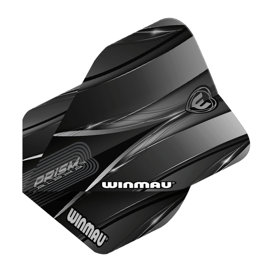 Winmau Alpha Sniper Black Standard Flights Das Bild zeigt das Produkt "Winmau Alpha Sniper Black Standard Flights". Die Flights sind schwarz mit silbernen und grauen Designelementen und tragen das Winmau-Logo.