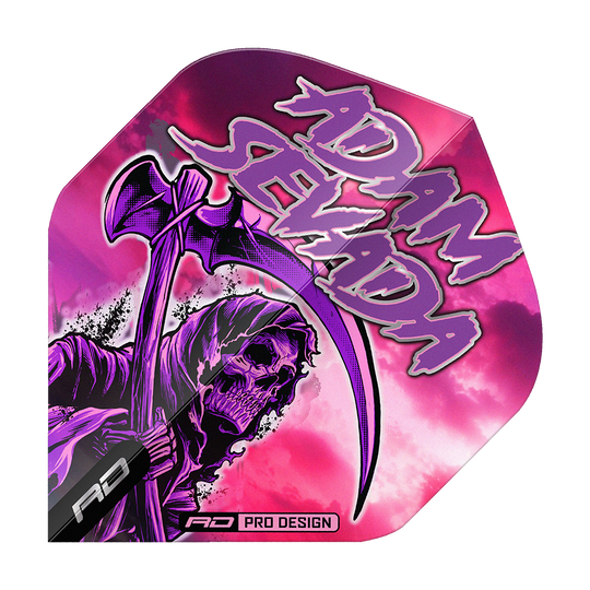 Red Dragon Hardcore Adam Sevada Premium No2 Standard Flights Das Bild zeigt das Produkt "Red Dragon Hardcore Adam Sevada Premium No2 Standard Flights". Auf dem Flight ist ein düsteres Sensenmann-Motiv vor einem pink-violetten Hintergrund mit dem Schriftzug "Adam Sevada" zu sehen.
