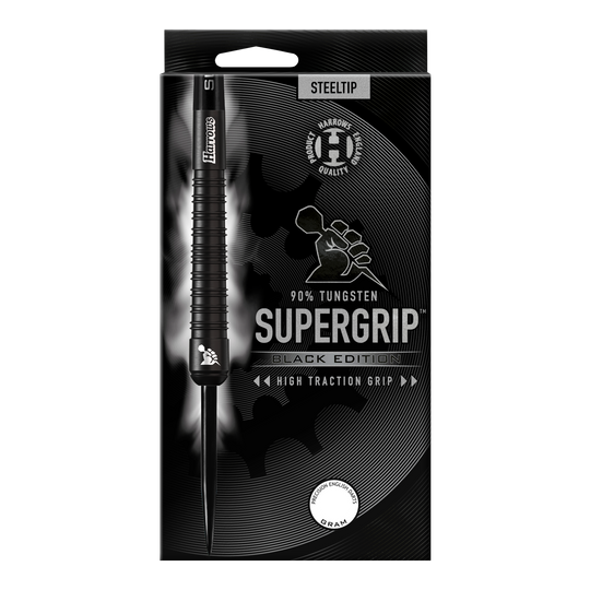 Harrows Supergrip Black Edition steel darts Das Bild zeigt die Verpackung der "Harrows Supergrip Black-Edition Steeldarts". Die Verpackung ist schwarz gehalten und hebt die hohe Griffigkeit sowie einen 90%igen Tungsten-Anteil hervor.