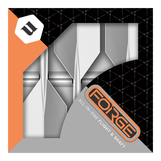 Das Bild zeigt die Verpackung der "Unicorn Forge All In One Plus No2 Standard Flights Weiß - Medium". In der Schachtel sind weiße Dart-Flights mit integriertem Schaft zu sehen.