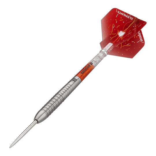 Unicorn Core XL Striker Style 5 steel darts Das Bild zeigt einen Unicorn Core XL Striker Style 5 Steeldart. Der Dartpfeil hat einen silbernen Schaft und rote Flights mit gelben Mustern.