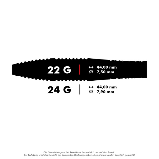 Das Bild zeigt die Maße der Target Bolide 05 Swiss Point Steeldarts. Die Darts sind in 22 g (44,00 mm lang, 7,50 mm Durchmesser) und 24 g (44,00 mm lang, 7,90 mm Durchmesser) erhältlich.