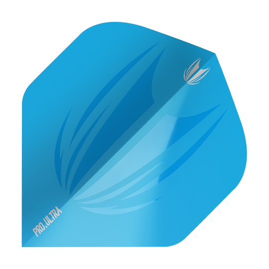 Das Bild zeigt ein blaues Dart-Flight mit dem Namen "Target ProUltra ID Blue No2 Standard Flights". Auf dem Flight sind stilisierte Muster und die Aufschrift "PRO.ULTRA" zu sehen.