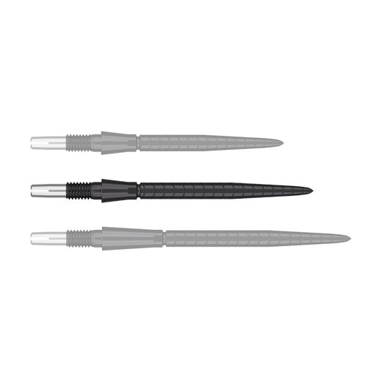 Das Bild zeigt drei schwarze Dartspitzen, die nebeneinander angeordnet sind. Die Spitzen haben einen silbernen Ansatz und sind länglich geformt.