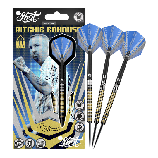 Das Bild zeigt die Shot Ritchie Edhouse Madhouse Steeldarts in voller Ansicht. Diese Darts zeichnen sich durch ihr einzigartiges Design aus.