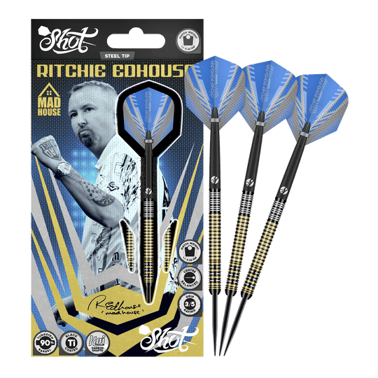 Shot Ritchie Edhouse Madhouse steel darts Das Bild zeigt die Shot Ritchie Edhouse Madhouse Steeldarts in voller Ansicht. Diese Darts zeichnen sich durch ihr einzigartiges Design aus.