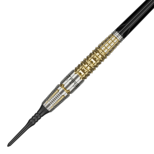 Das Bild zeigt einen Softdart namens "Target Japan Black Marque Warrior" mit einem Gewicht von 18,5g. Der Dart hat ein auffälliges Design mit goldenen und silbernen Elementen sowie einer schwarzen Spitze.