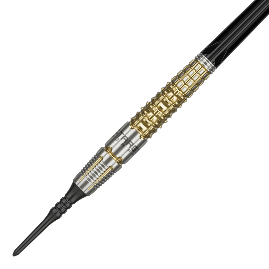 Target Japan Black Marque Warrior Soft Darts - 18.5g Das Bild zeigt einen Softdart namens "Target Japan Black Marque Warrior" mit einem Gewicht von 18,5g. Der Dart hat ein auffälliges Design mit goldenen und silbernen Elementen sowie einer schwarzen Spitze.
