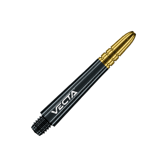 7025-409_Winmau_Vecta_Shafts_Schwarz_Gold_37mm_2 Das Bild zeigt einen schwarzen und goldenen Dartshaft mit der Aufschrift "VECTA". Der Schaft hat ein modernes, glänzendes Design und ist 37 mm lang.