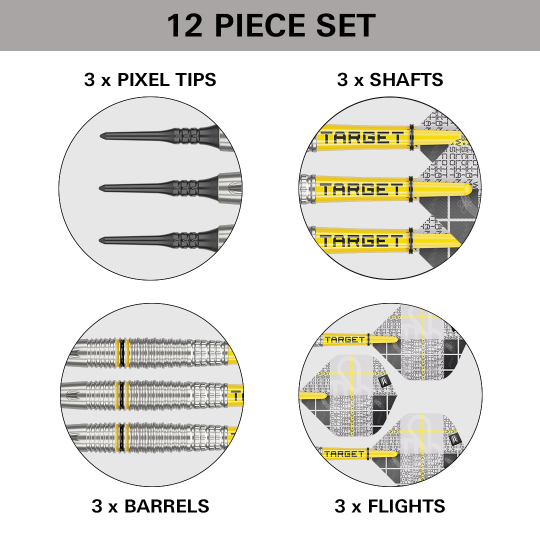 Das Bild zeigt ein 12-teiliges Softdart-Set mit dem Namen "Target Scott Williams GEN2 Softdarts - 18g". Es enthält 3 Pixelspitzen, 3 Schäfte, 3 Barrels und 3 Flights.